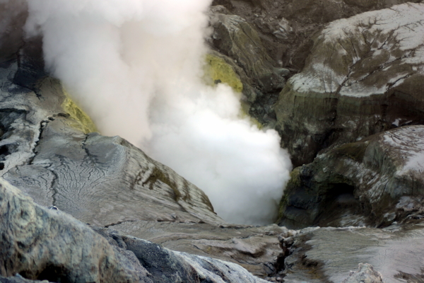 The vent of Mount Bromo, lined with sulfur.