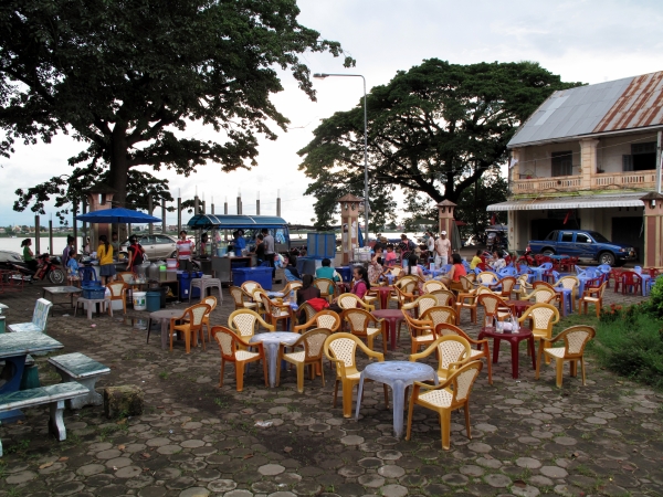 Riverside food stalls set up in the evening