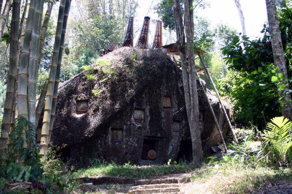 A large boulder tomb in the middle of a forest