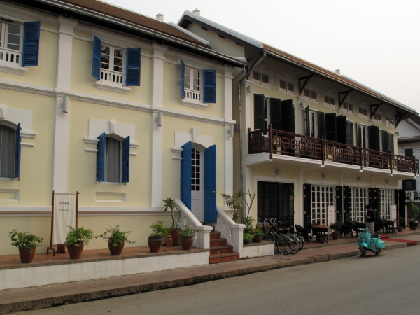 Elegant colonial style buildings along Luang Prabang's Mekong waterfront.